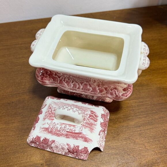 Vintage Gravy Boat Tureen Pink and White Transfer Ware Mushrooms Antique - Picture 8 of 13